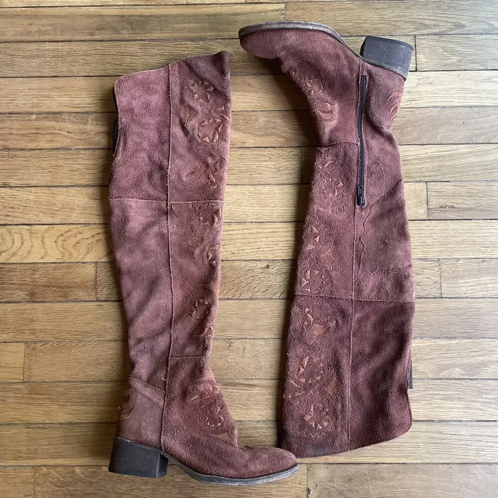 Free People Brown High Noon Suede Embroidered Over Knee Boots Sz EU 37/US 6.5